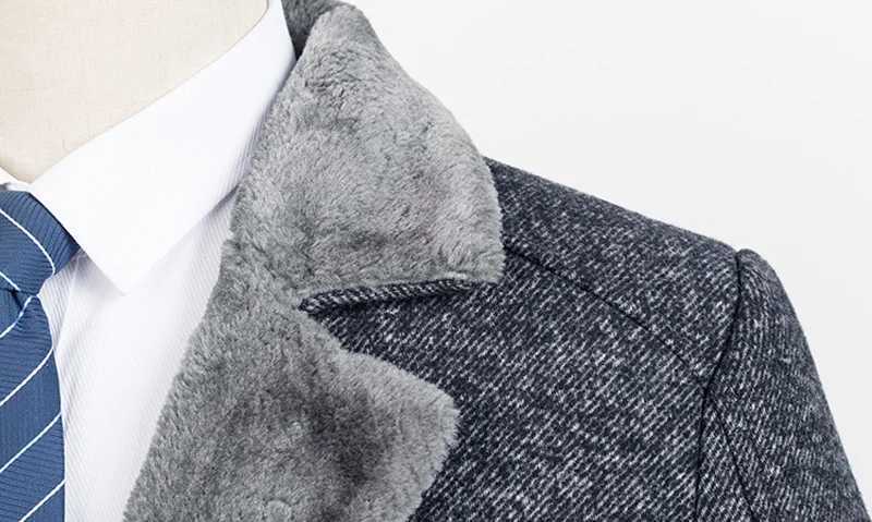 Mens Luxury Herringbone Tweed Wool Coat 2022 Winter Brand Fake Fur Collar Gray Trench Coat Men Slim Fit Overcoat Windbreaker LX241010