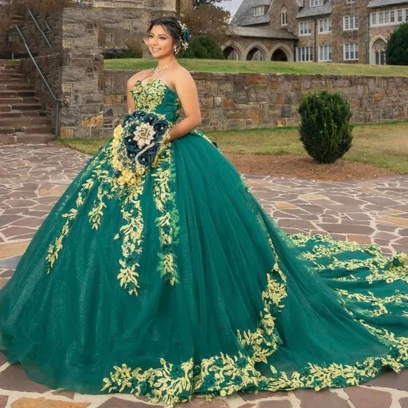 Green Shiny Ball Gown Quinceanera Dresses Off the Shoulder Gold Appliques Lace Tull Robe Quinceanera vestidos De 15 Anos Sweet 16 Dress