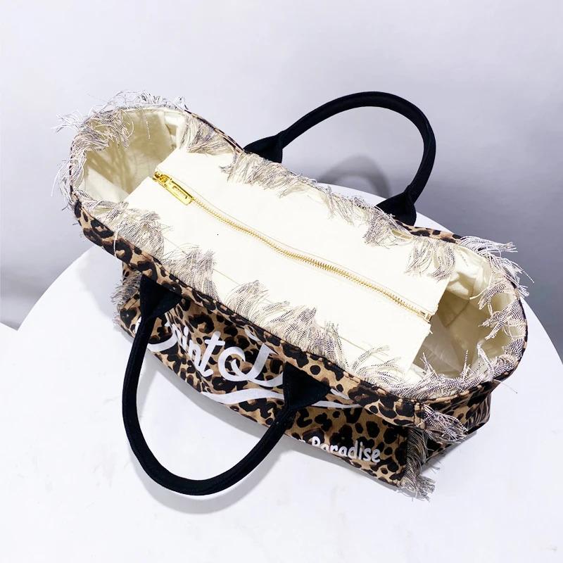 Leopard Print Canvas Bags For Women Handbag Purse 2024 In Casual Letter Tassel Large Capacity Tote Shoulder 241008