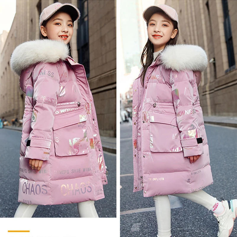 5 6 8 10 12 14 Years Girls Down Jacket Winter Warm Long Style Parka Hooded Zipper Fur Collar Girls Outerwear Kids Clothes 240927