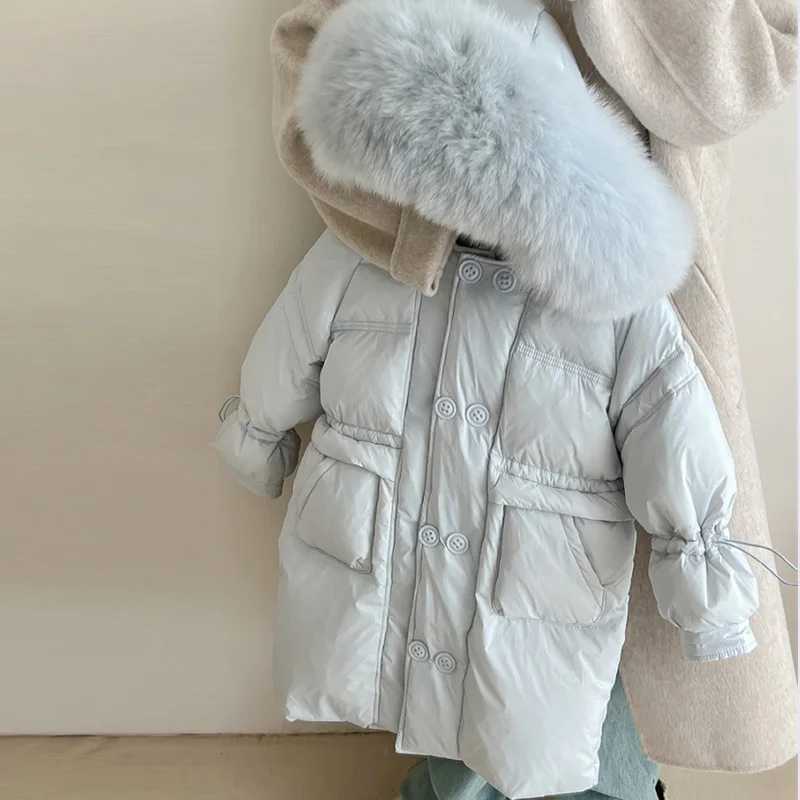 Down Coat Girls hooded fur collar jacket childrens winter casual cotton jacket fashionable warm jacket new youth clothing 5-12Y H241010