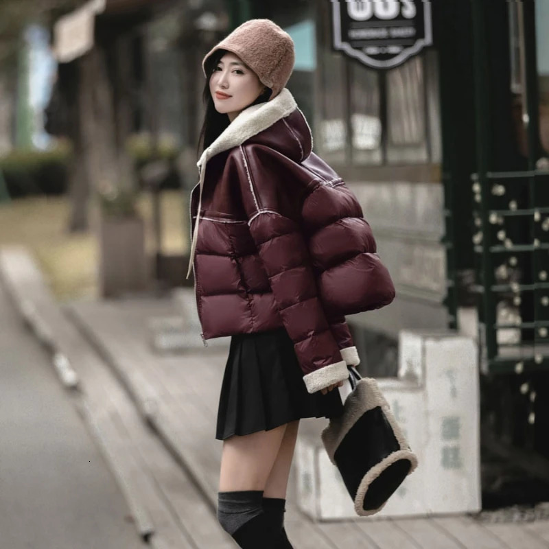 Winter womens jacket PU leather Lambswool patch work white duck down fashionable thick warm jacket loose with hood jacket 241009