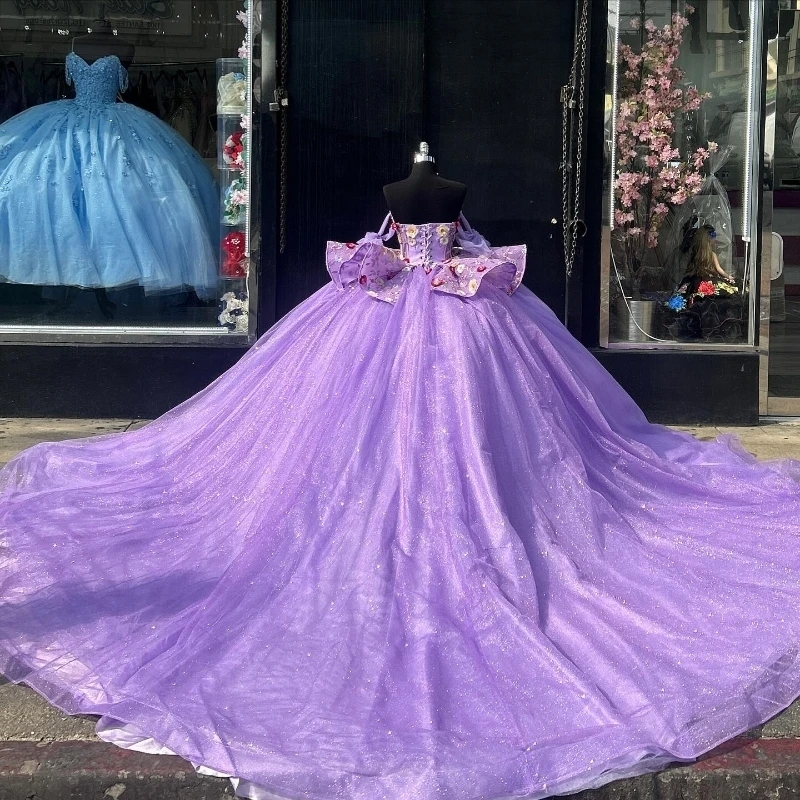 Lilac Shiny Quinceanera Dresses Lace Applique Tull Off The Shoulder Vestidos De 15 Anos Sweet 16 Party Birthday Gowns