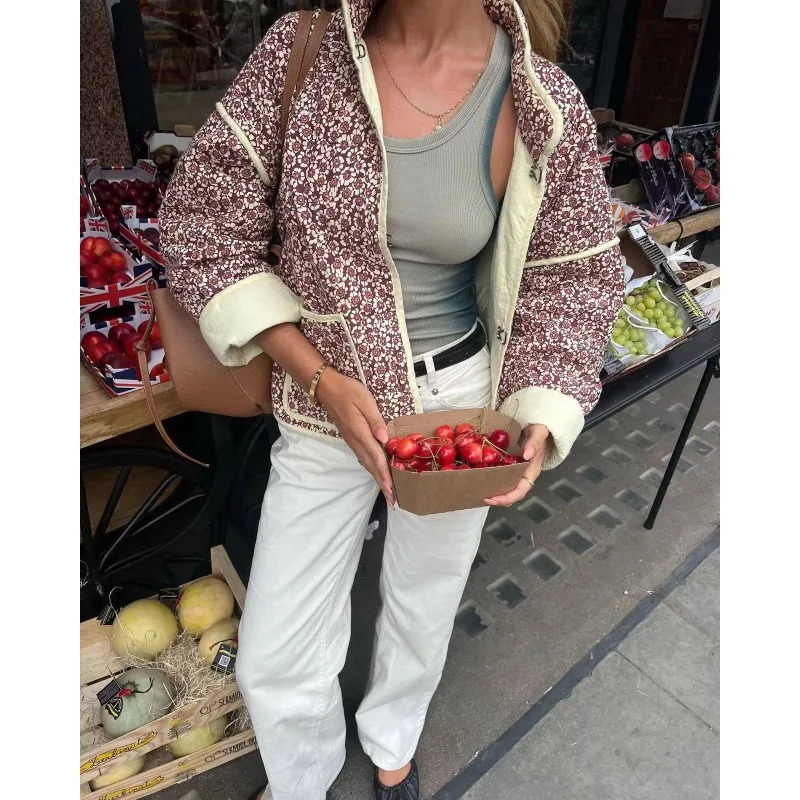 Chic Vintage Floral Print Cotton Coat Autumn Winter Women Jacket Long Sleeve Cardigan Pocket Streetwear Short Quilted 240930