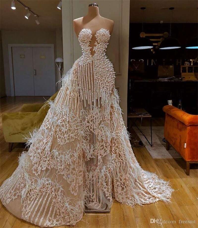 Sexy V Neck Evening Dress Sleveeless Detachable Train Sweetheart Mor Beading Feather Appliqued Sequins Formal Party Prom Gowns Custom Made