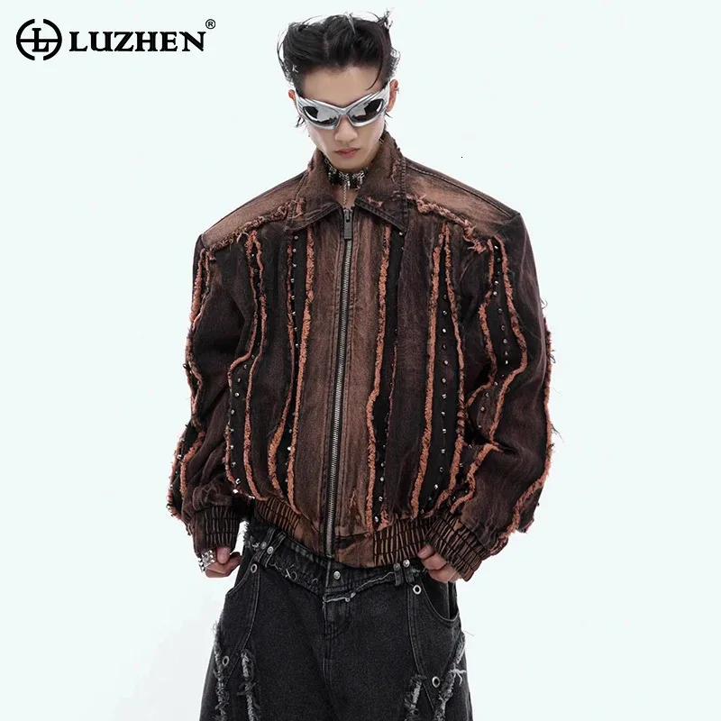 LUZHEN rivet metal decoration burr patch work n denim jacket personalized fashion street mens wear LZ4729 241007