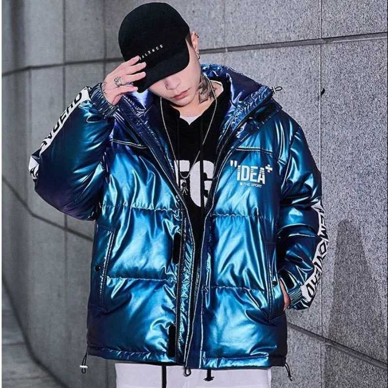 Men's Down Parkas Fashion loose down jacket mens 2024 new winter Pu jacket color glossy printed down jacket mens clothing Y2410090442