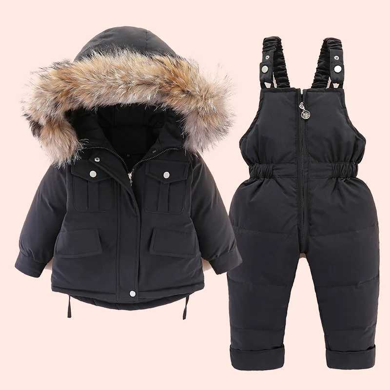 Down Coat 2-piece set of baby girl winter jacket and childrens jumpsuit with thickened warm fur collar jacket H241010