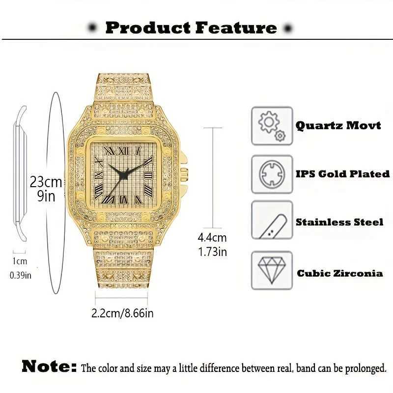 Mens Fashion Hip Hop Crystal Inlaid Watch Luxury Cuban Hand Chain Stainless Steel Iced Out Watches For Men Hip Hop RapperX241010