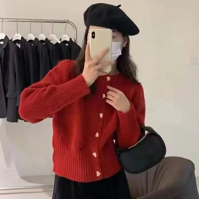 Biyaby Sweet Heart Buttons Sweater Coat Women Autumn Winter Gentle Style Solid Knitted Cardigans Woman Korean Loose Short Jacket 241007