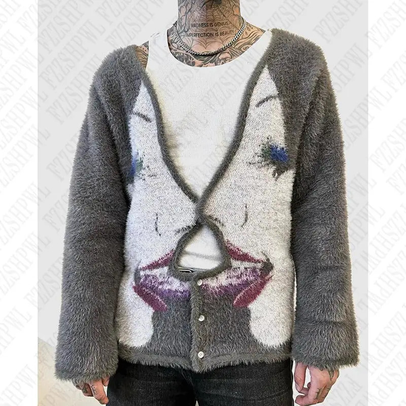 Y2k American retro graphic hip-hop gothic punk sweater Harajuku retro latte art retro fashion streetwear mens retro cardigan 241007