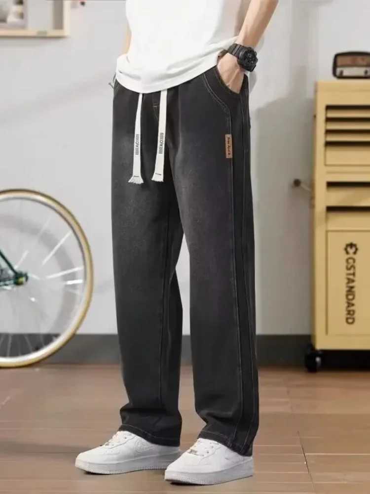 Mens Jeans American Loose Straight Casual Wide Pants Cotton Casual Vintage Male Baggy Denim Trousers Blue BlackX241009