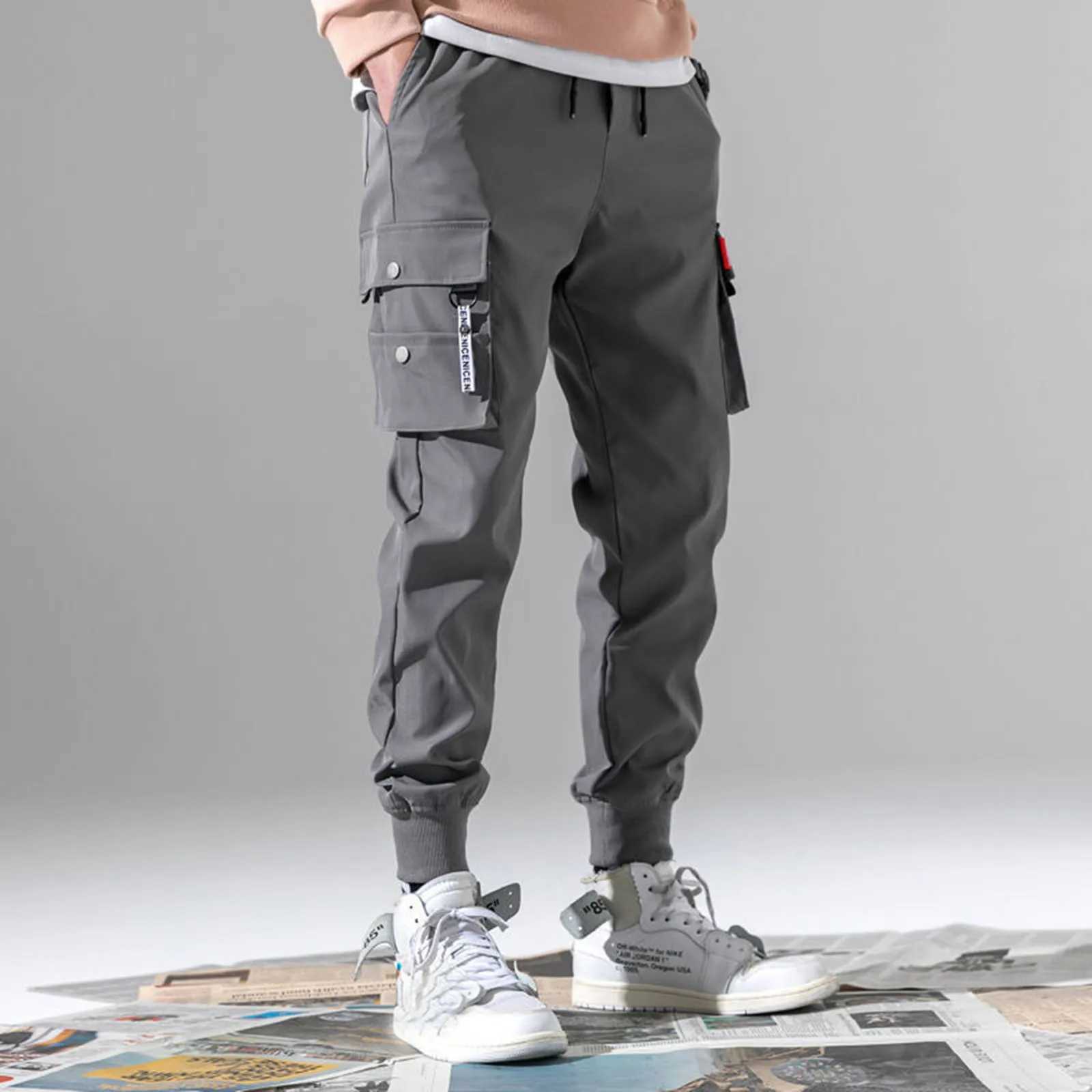 2024 New Joggers Mens Cargo Pants Casual Hip Hop Hit Colorful Pocket Mens Trouser Sports Pants Street Clothing Ribbon Techwear Pants W241009