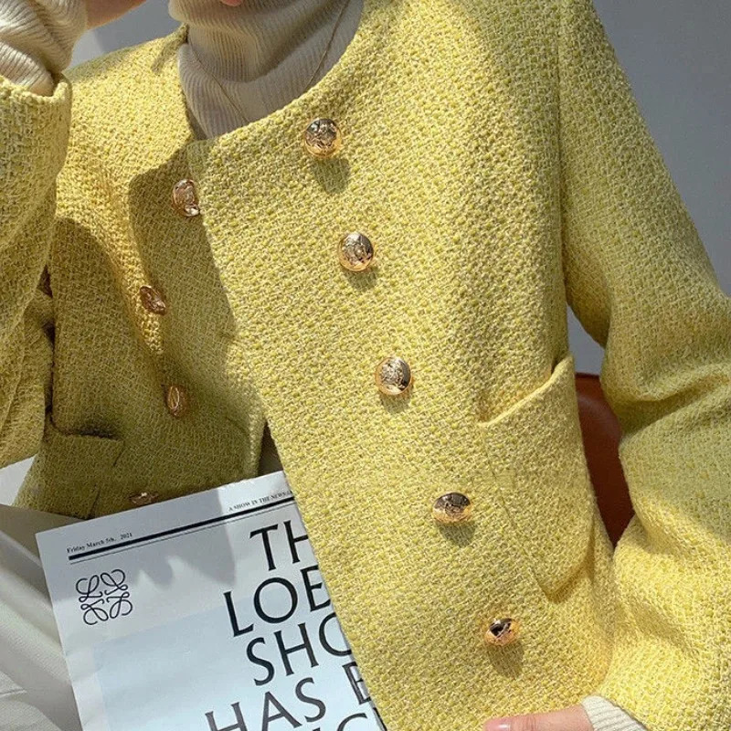 Autumn yellow coarse woolen womens jacket temperature version short sleeved womens jacket Korean fashion elegant winter jacket women 240930