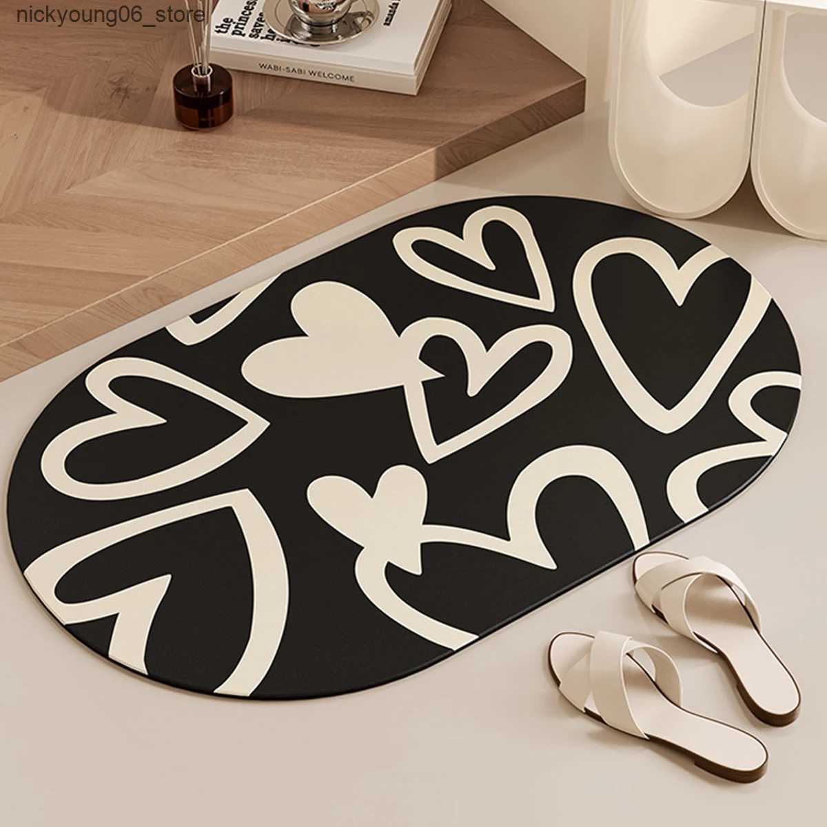 Non-Slip Bath Mats Love Door Mat Super Absorbent Bathroom Anti Slip Mat Quick Drying Diatomaceous Mud Floor Mat Household Shower Mats Kitchen Rugs L24