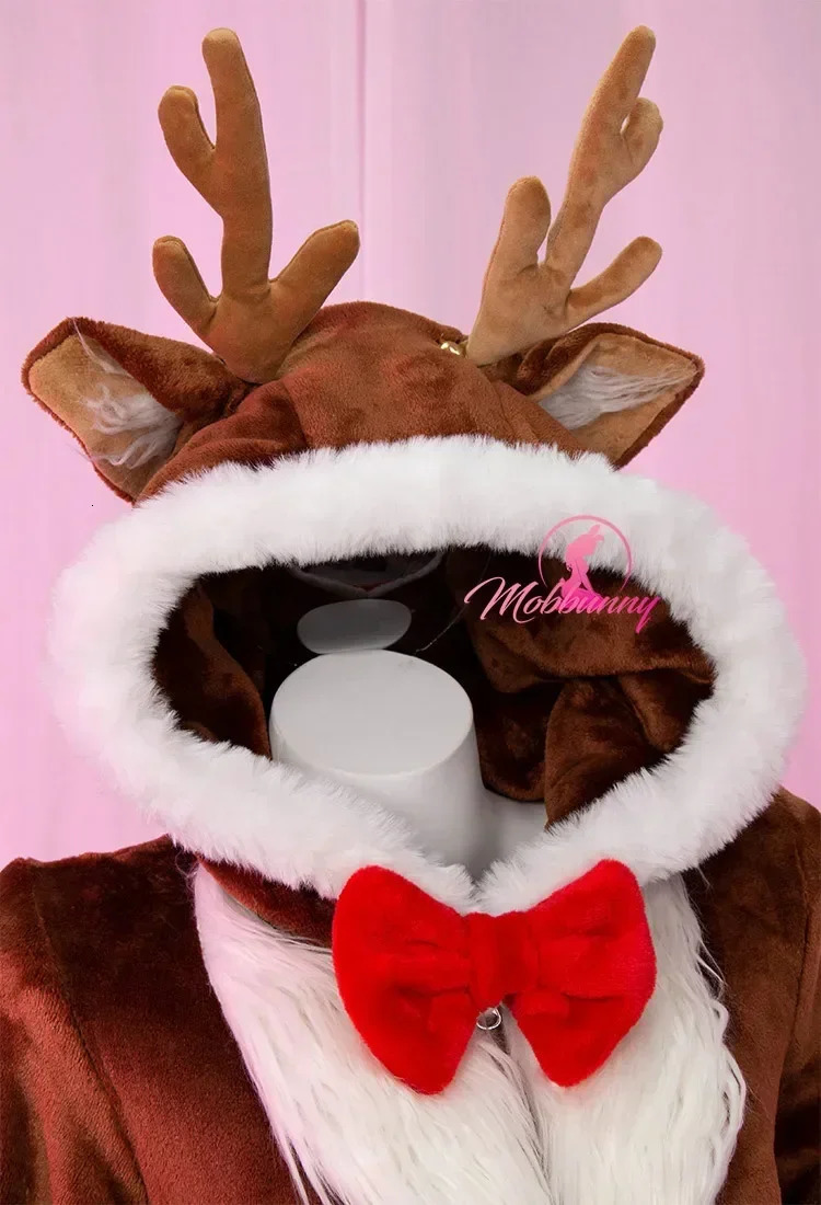 Mobbunny Womens Christmas reindeer fluffy tight jumpsuit sexy lingerie with socks home wear roleplaying 241007