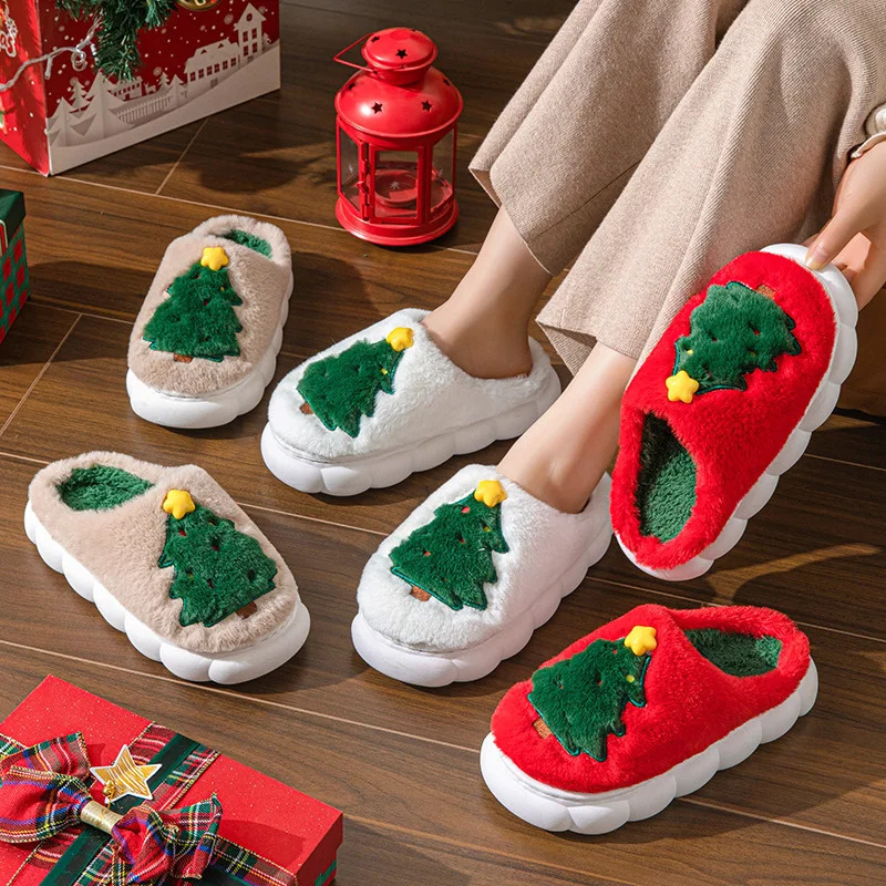 Christmas Tree Fluffy Slippers Women House Flats Cartoon Winter Shoes Home Fashion Tree Footwear Big Size 241010