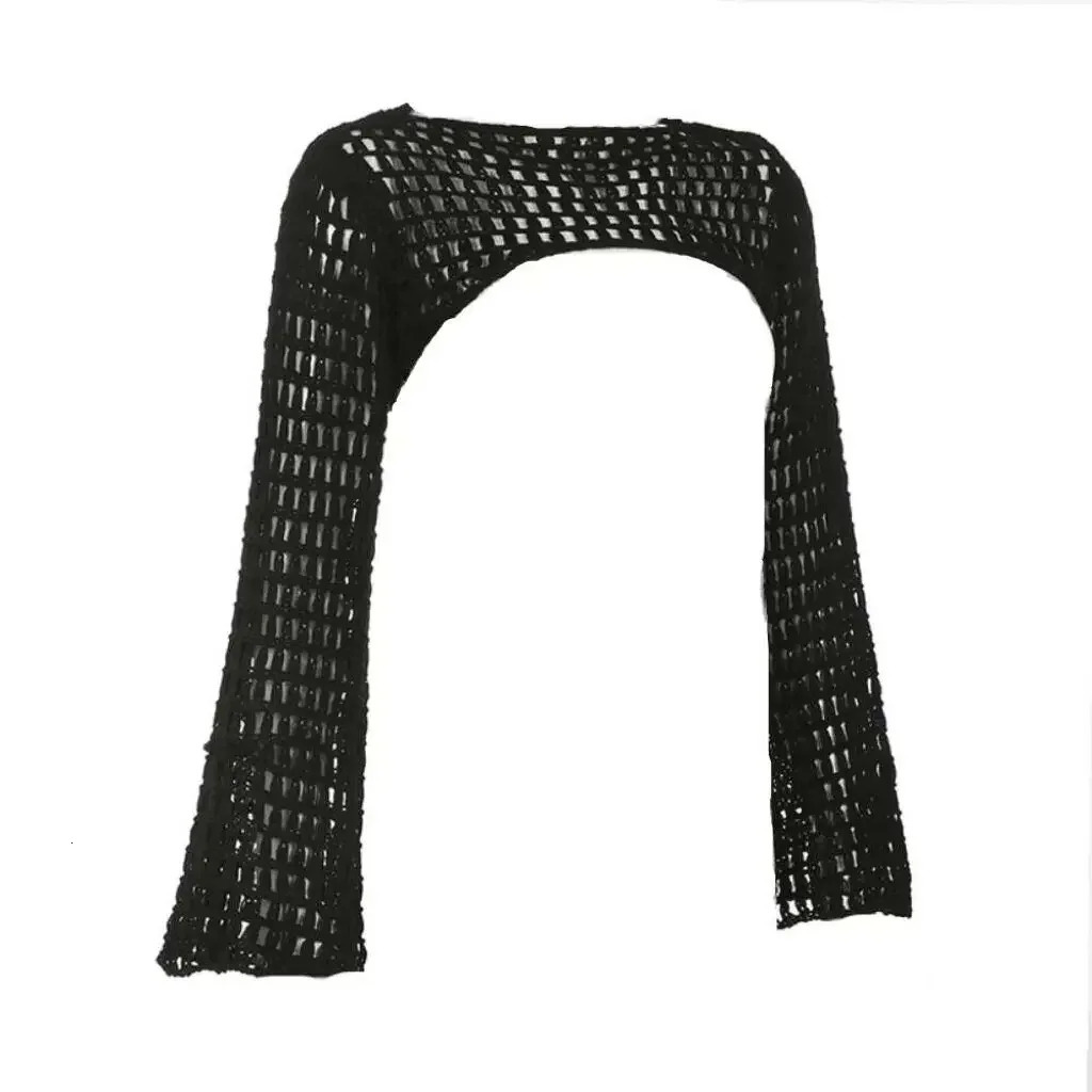 Women Y2k Crochet Knit Hollow Out Crop Top Long Flared Sleeve Shrug Sweater Mesh Cover Ups Cardigan Streetwear Pullover 241010