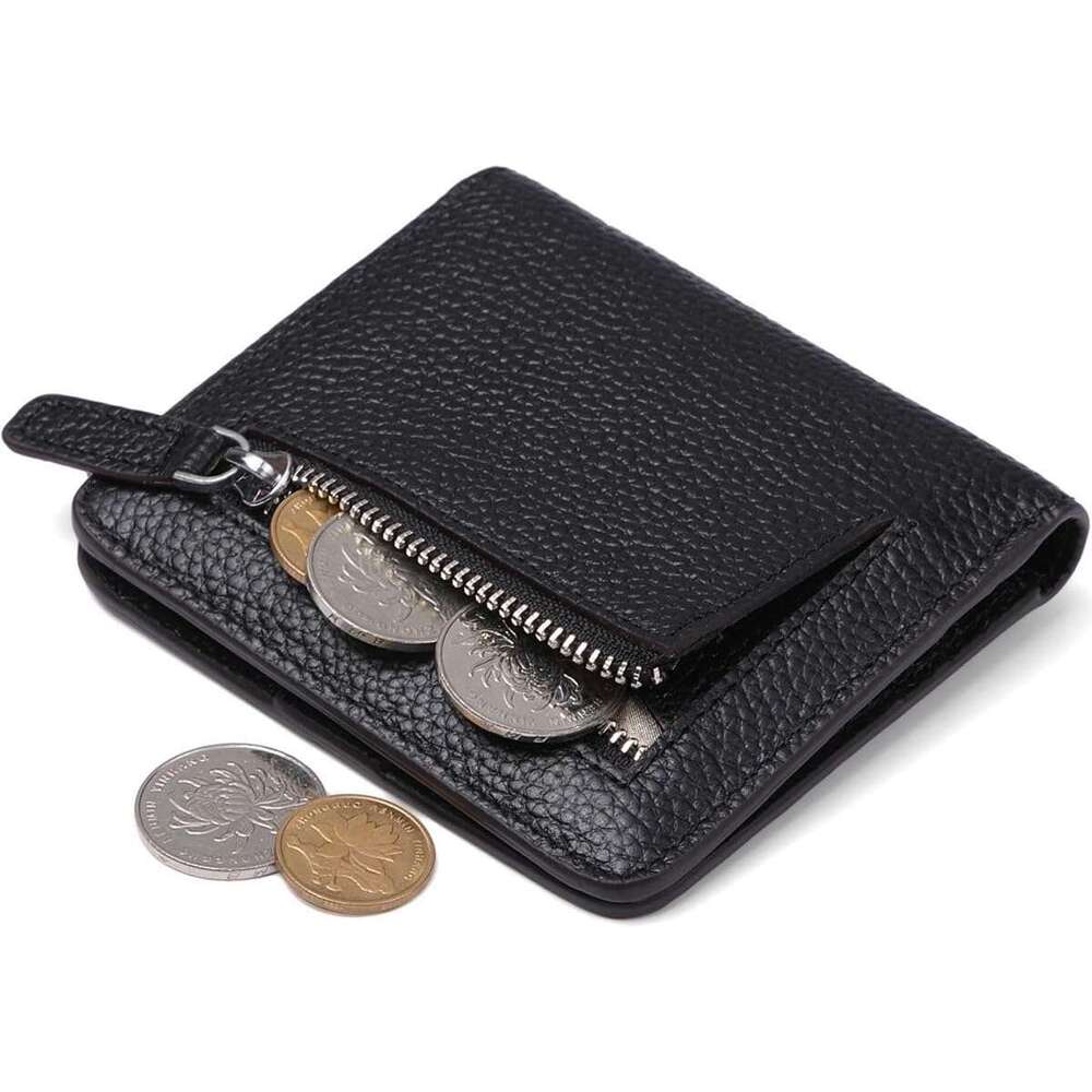 Womens Wallet Genuine Leather RFID Blocking Slim Minimalist Front Pocket Credit Card Holder with ID Window Black