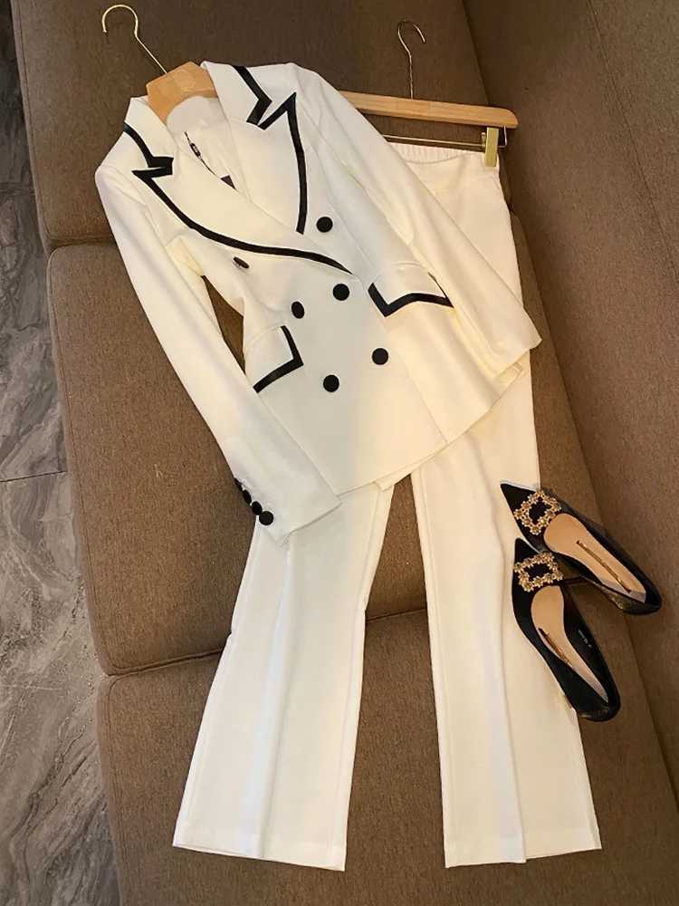 White green womens autumn winter pants set office womens formal business workwear 2-piece jacket and Trouser W241009