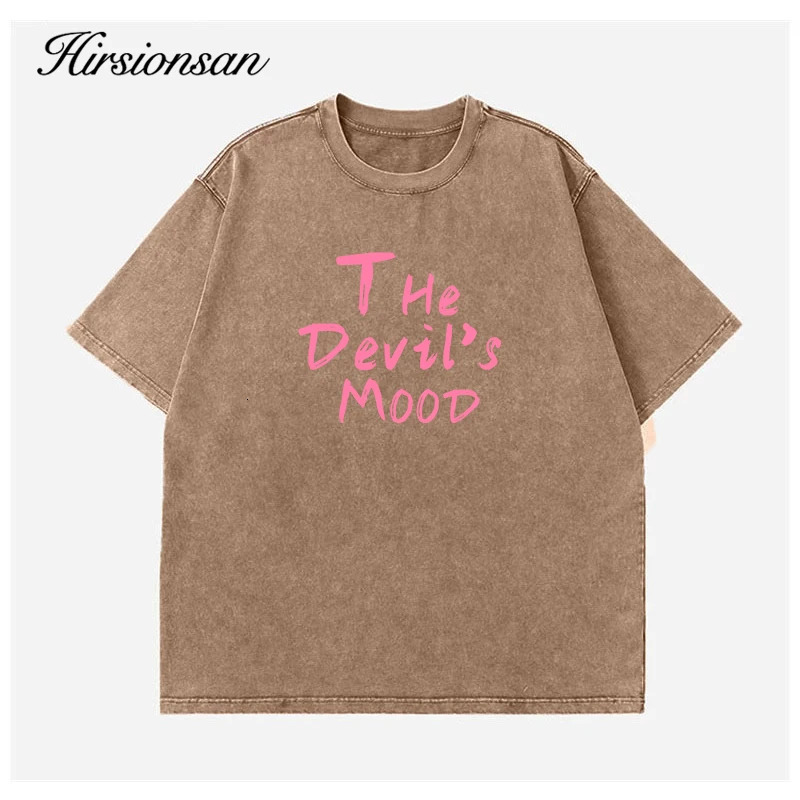 Hirsionsan Acid Washed T Shirt Women Vintage Cotton T-shirts Streetwear Soft Mineral Tees Loose Letter Print Tops Y2k 241010