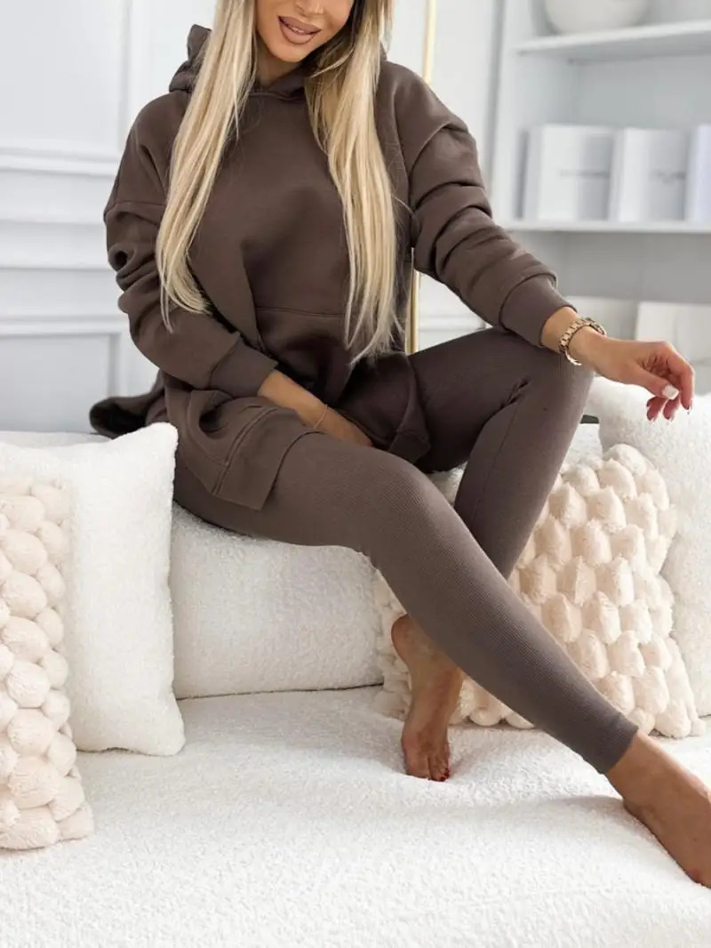 Thick casual long sleeves with large pockets hoodie threaded legs sports slim pants 2piece set 241008
