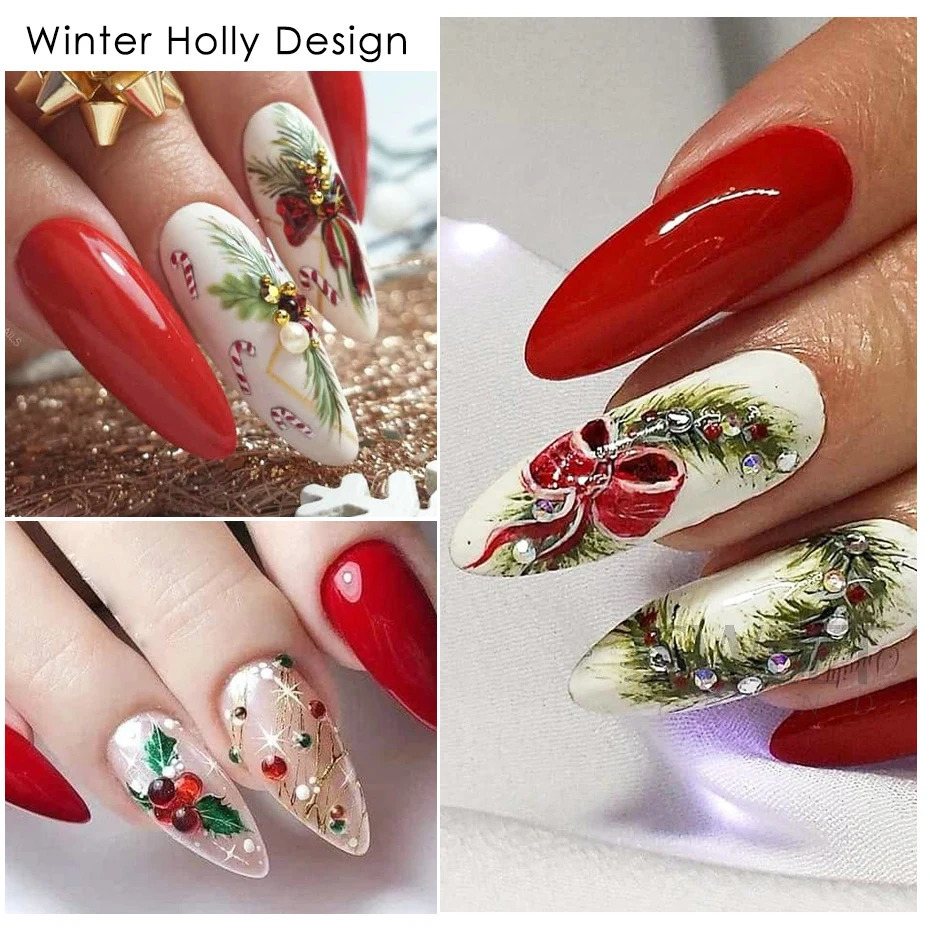 Holly Christmas Nail Stickers Geometric Orange Cartoon Christmas Bird Year Decoration Tips 241008