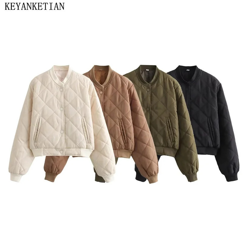 KEYANKETIAN AutumnWinter Womens Argyle Quilting Cropped Parkas Jacket Basic Single Breasted Pockets Leisure Outerwear Top 240930