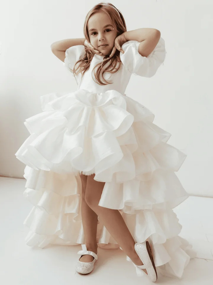Flower girl dress with beige solid tie bow and tail short sleeved used for weddings birthdays parties communion dresses 241008
