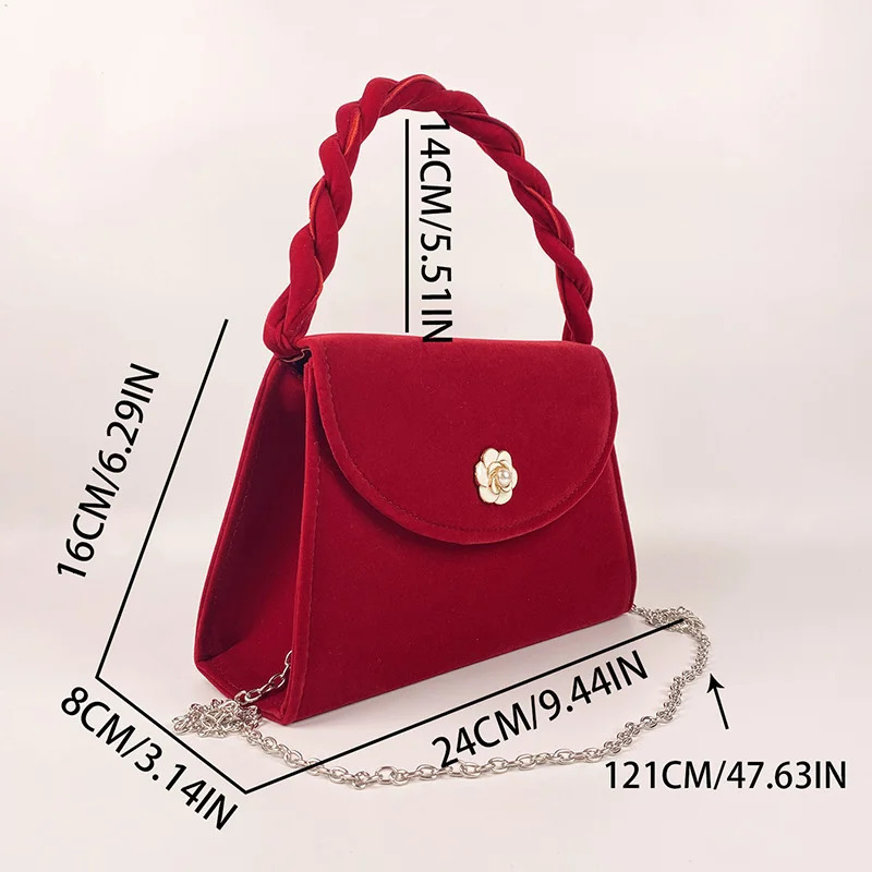 Red retro high-end wedding bag bridal bag camellia handbag fashionable one shoulder cross shaped bag 241008
