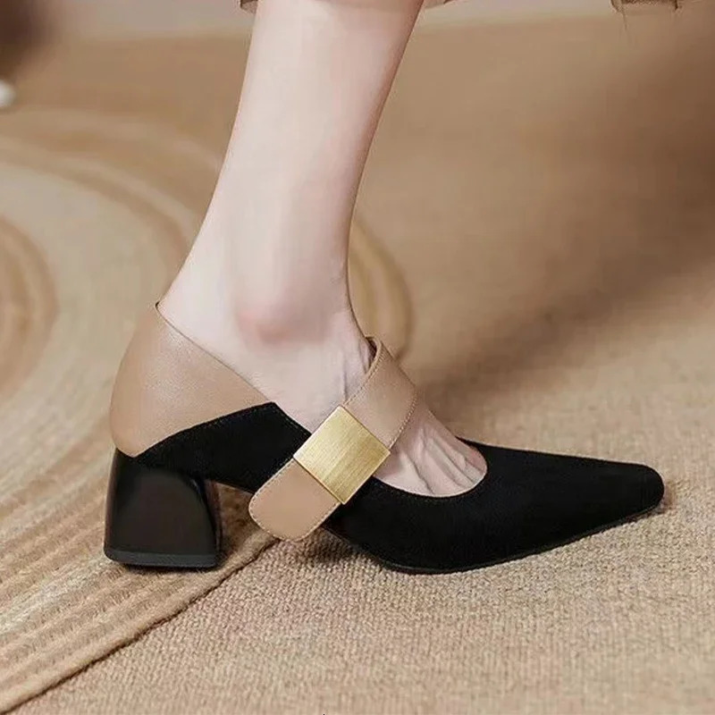 pump heel fashionable suede Mary shoes trend dress party light short and chubby womens shoes Mujer 241007