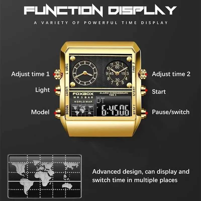 FOXBOX New Creative Square Watch Men Top Brand Luxury Digital Watch Fashion Dual Display Watches For Men Relogio Masculino+BOXX241010