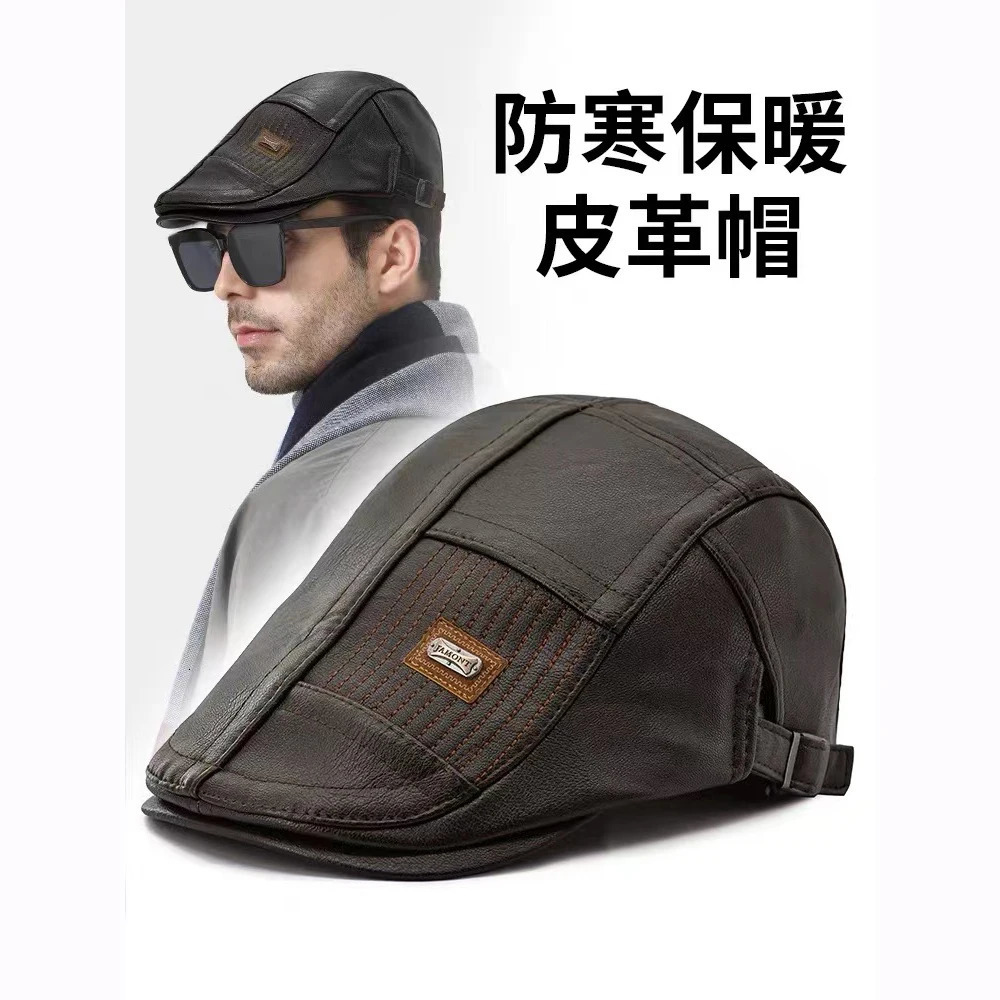 Fashion n mens beret autumn high-quality Pu leather casual hat mens classic Velvert front cover Gents spring 241007