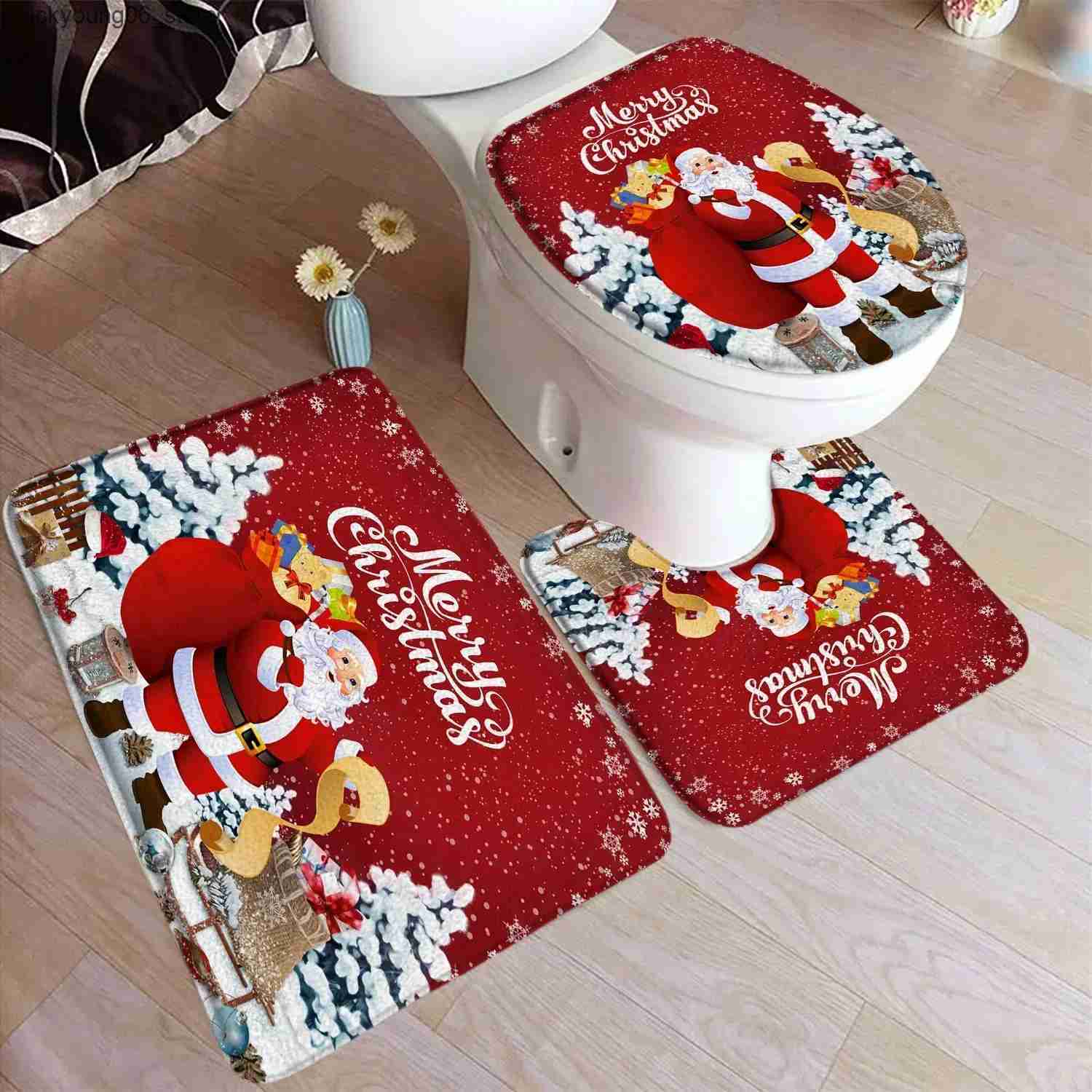 Non-Slip Bath Mats Funny Christmas Bath Mat Set Cute Snowman Santa Claus Red Balls Xmas Trees Carpet Home Decor Bathroom Floor Rug Toilet Lid Cover L2