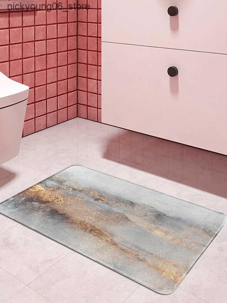 Non-Slip Bath Mats Gray Oil Painting Abstract Geometric Yellow Kitchen Mat Living Room Entrance Floor Rug Anti-slip Bathroom Door Mat Home Decor L2409