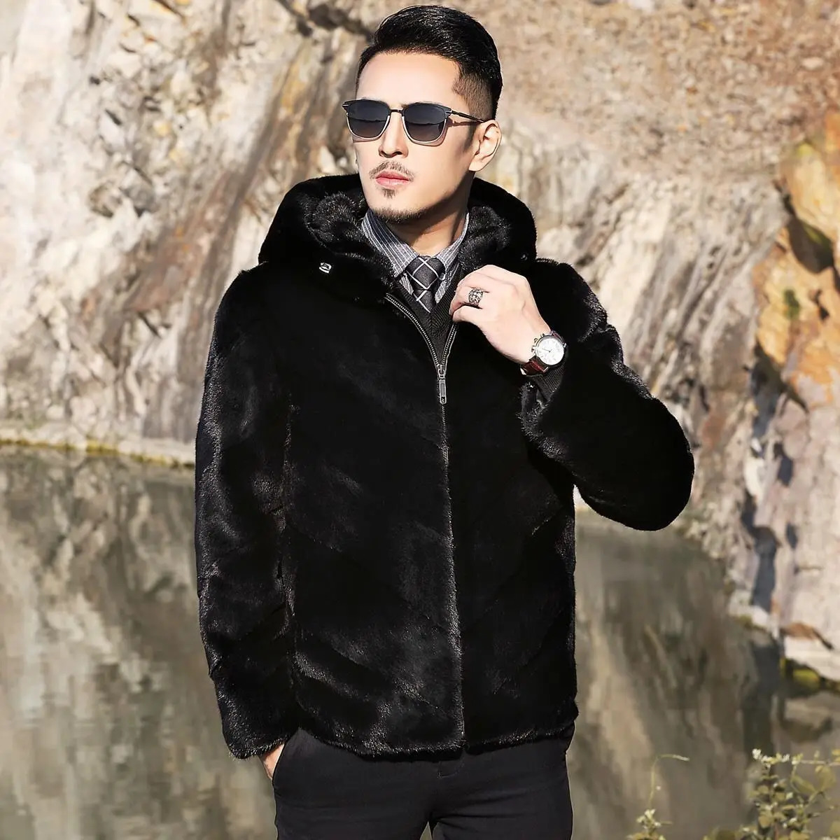 autumn and winter mens faux mink coat with thick collar and warm jacket fashionable mens environmentally friendly faux fur coat L49 241010