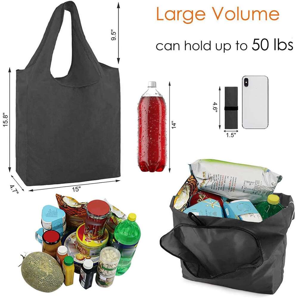BeeGreen 10 Pack Black Storage Pouch Reusable Shopping Bulk with Elastic Band 50LBS X-Large-Foldable-Washable-Heavy Duty-Waterproof Grocery Tote Bags