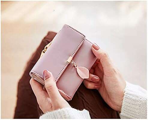 Small Wallet for Women PU Leather Leaf Pendant Card Holder Organizer Coin Purse A Pink