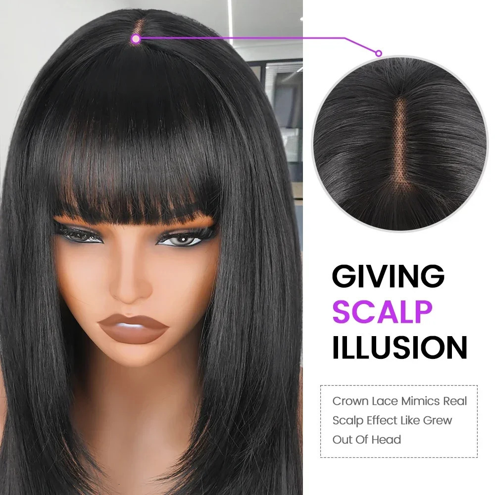 Black womens straight cut wig 3X1 HD lace synthetic laminated wig with bangs natural black straight non adhesive wig 241007