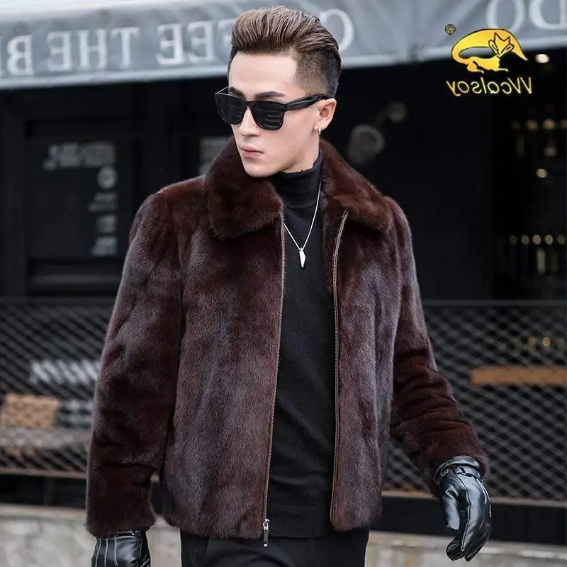 autumn and winter mens faux mink coat with thick collar and warm jacket fashionable mens environmentally friendly faux fur coat L49 241010