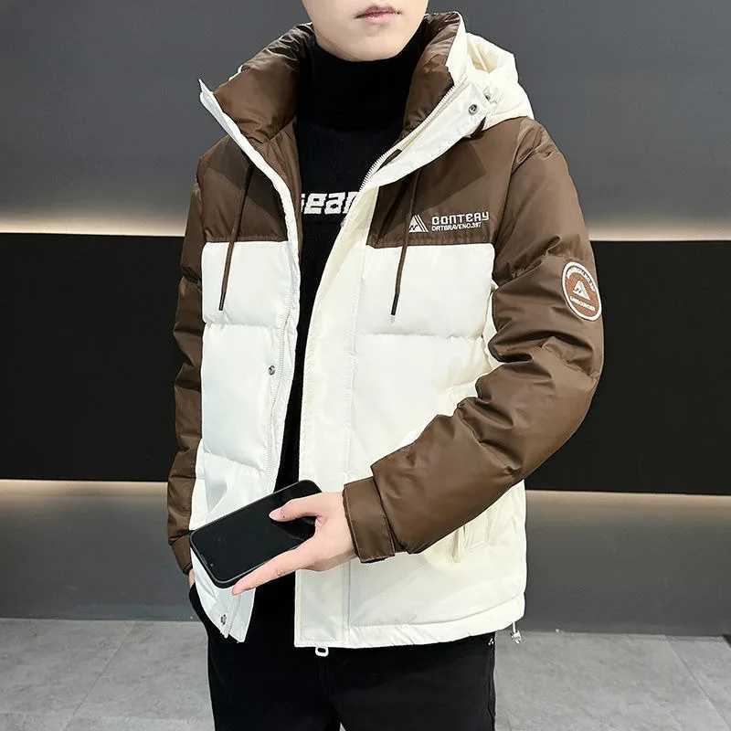 Men's Down Parkas High Quality Men Down Jacket Winter Male Fashion Color Contrast Stitching Hooded Outwear Thicken Warm Casual Large Size Outcoat