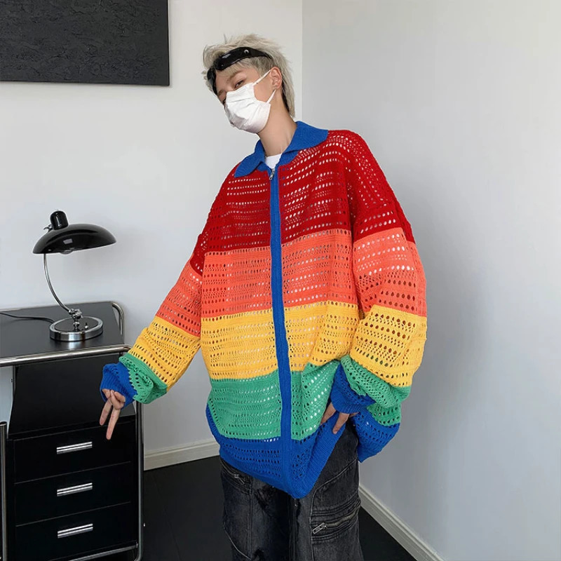 Rainbow cardigan mens loose lapel board stripe Y2K young vitality fashion senior daily knitting fashionable retro 241007
