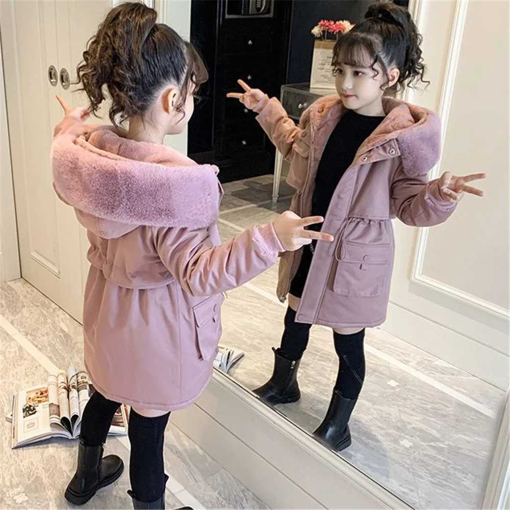 Down Coat Girl clothes Winter Long faux fur coat Warm Plus Velvet Cotton jacket s Thicken Parka children Clothing Hooded Outerwear H241010