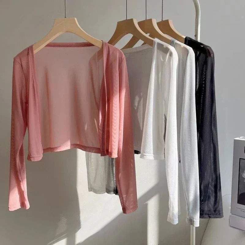 4 colors White Cropped Cardigan Short Mesh Open Stitch Women Cardigans Lightweight Crop Top Soft Breathable Beach Cover Ups 2024 240924