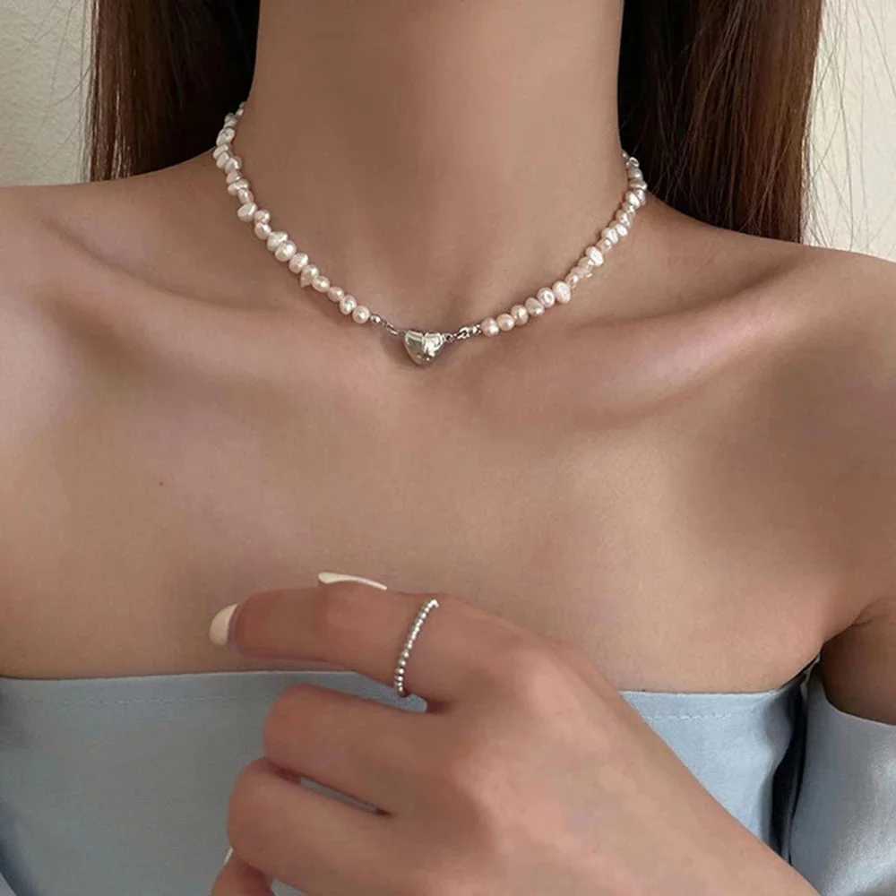 FSUNION 2024 Fashion Korean Pearl Chain Choker Necklace Magnetic Heart Pendant For Women Girls Jewelry Bridal Engagement GiftsX241009