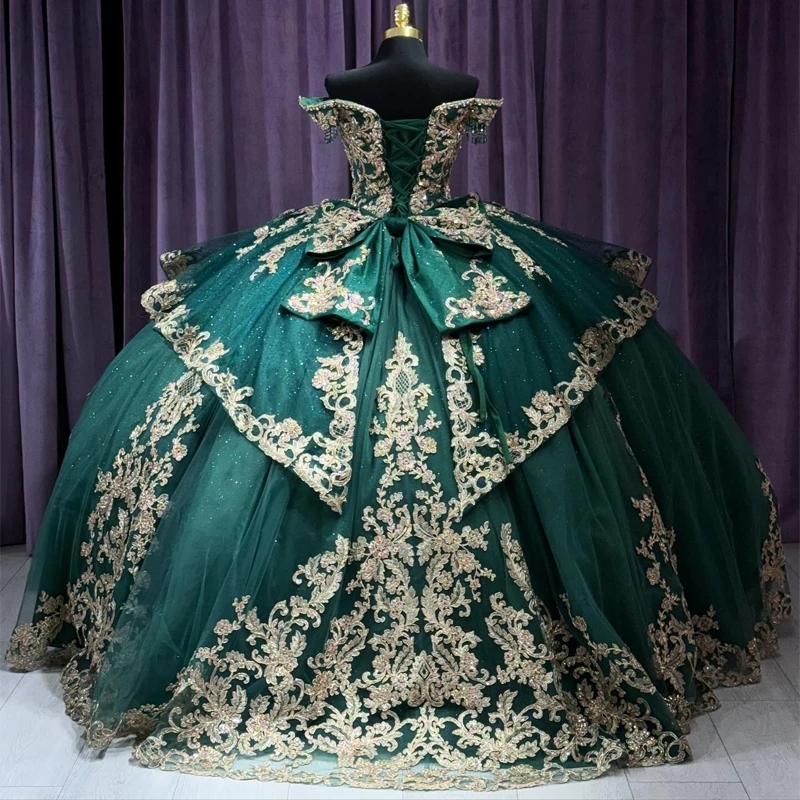 Emerald Green Shiny Quinceanera Dresses Sweet 16 Princess Gown Gold Applique Lace Beads Birthday Party Dress Vestidos 15 De Anos