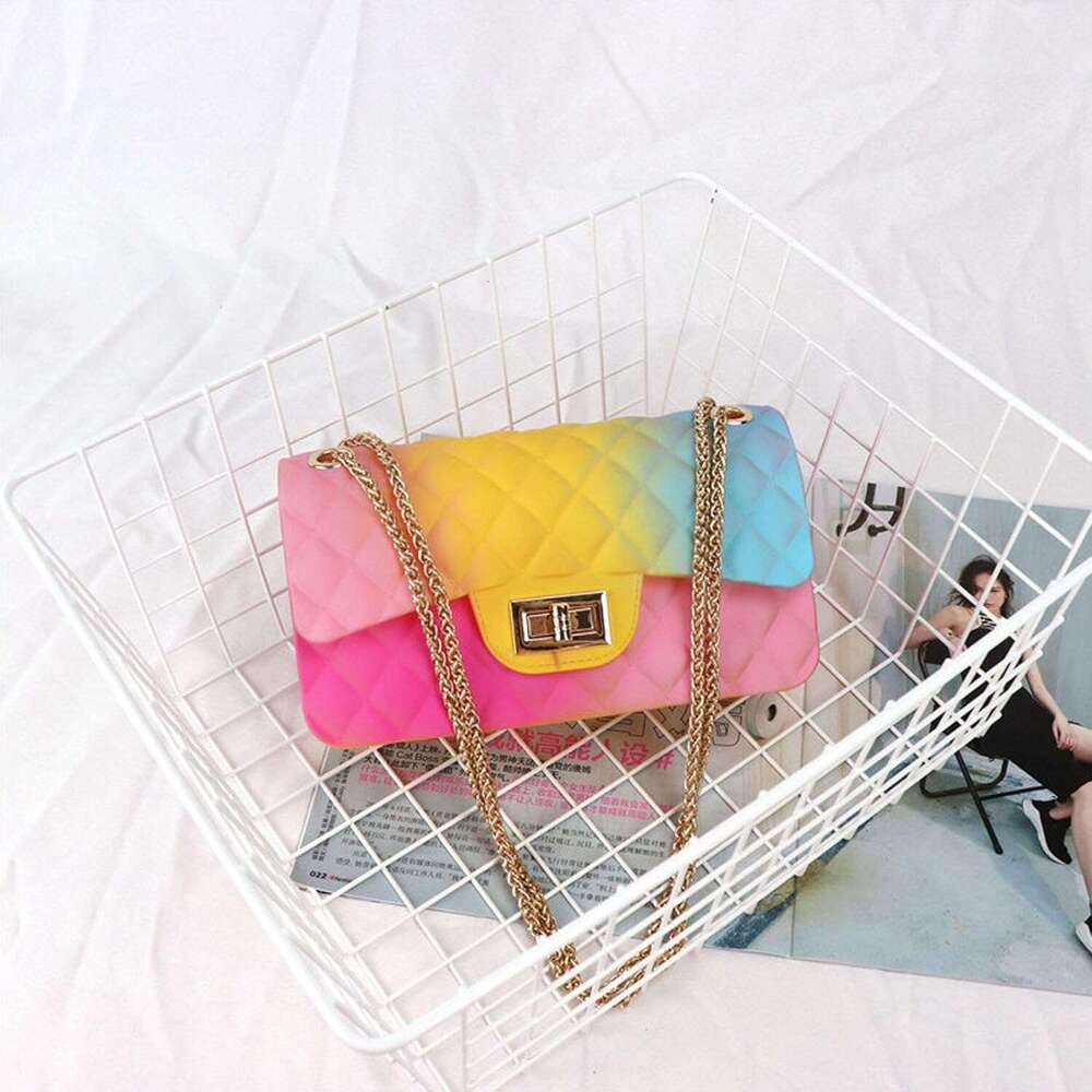 Women Rainbow Handbags Jelly Purse Candy Color Quilted Crossbody Shoulder Bag