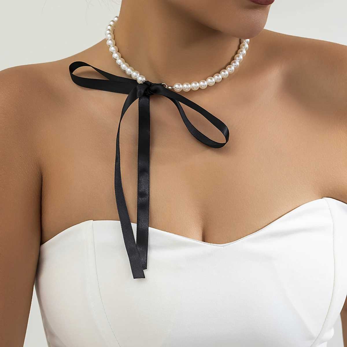 Salircon Trend Imitation Pearl Chain Short Necklace Charm Adjustable Colorful Ribbon Bow Necklace Women Wlegant Banquet JewelryX241009