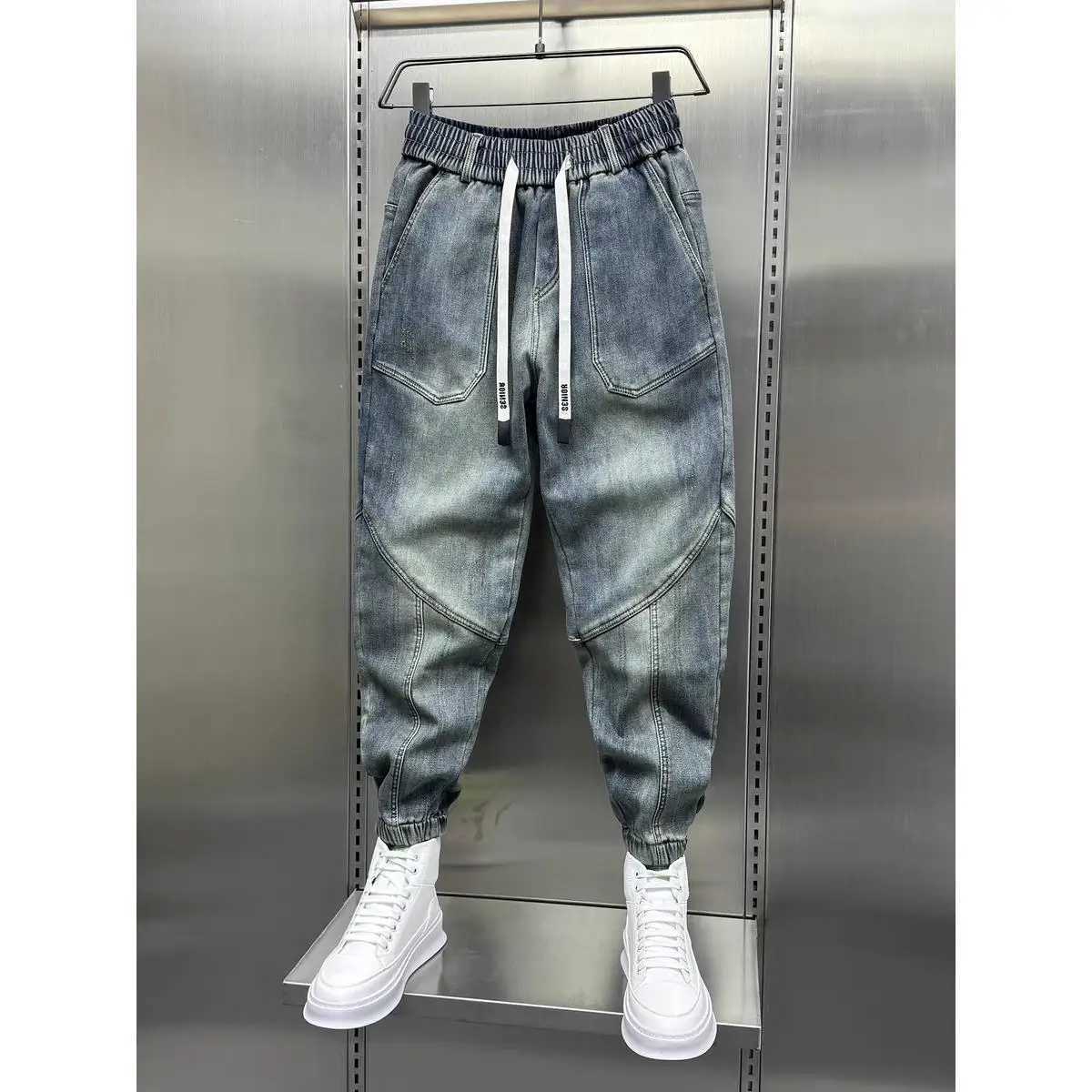 Blue Denim Jeans Loose Harem Pants Elastic Waist Cuffs Casual Spring Autumn Luxury Clothing Men korean 2024 New Mens FashionX241009