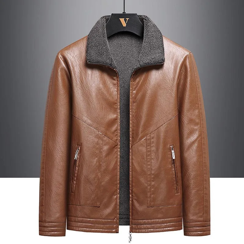 Artificial leather bicycle jacket mens artificial fur trim cashmere blend sleeves and wide waist 240927
